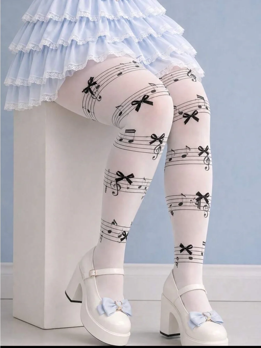 White Tights with Black Music Note & Bow Print
